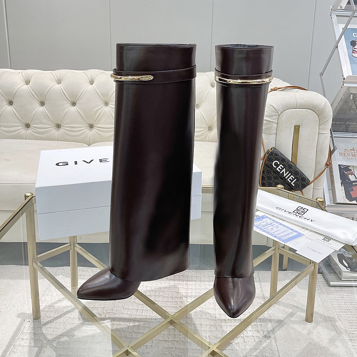 Dark Brown Leather Knee-High Boots With Metal Ring Detail