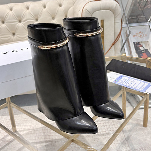 Metal Buckle Pointed Toe Wedge Boots