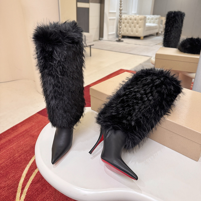 Black Pointed Toe Stiletto High Heel Fur Trim Boots