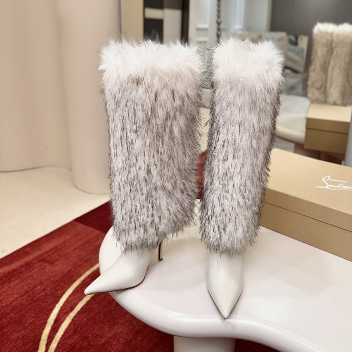 White Pointed Toe High Heel Faux Fur Trim Knee High Boots