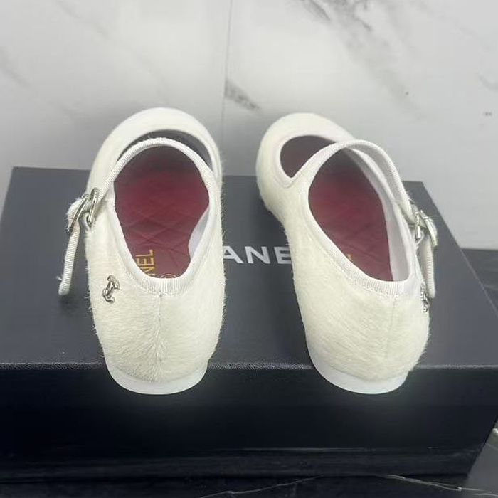 White Faux Fur Mary Jane Flats With Strap