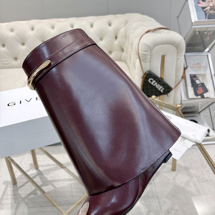 Burgundy Leather Pointed Toe High Heel Boots With Metal Buckle