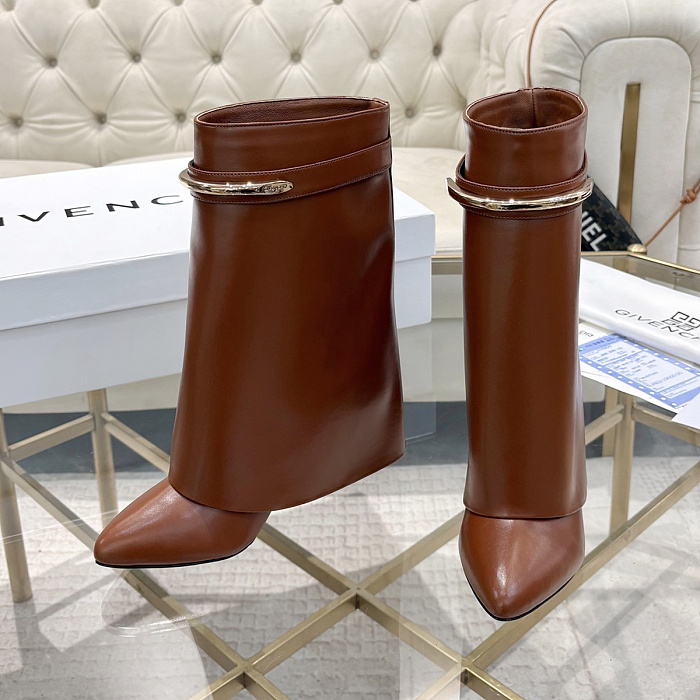 Brown Leather Metal Buckle Heeled Boots