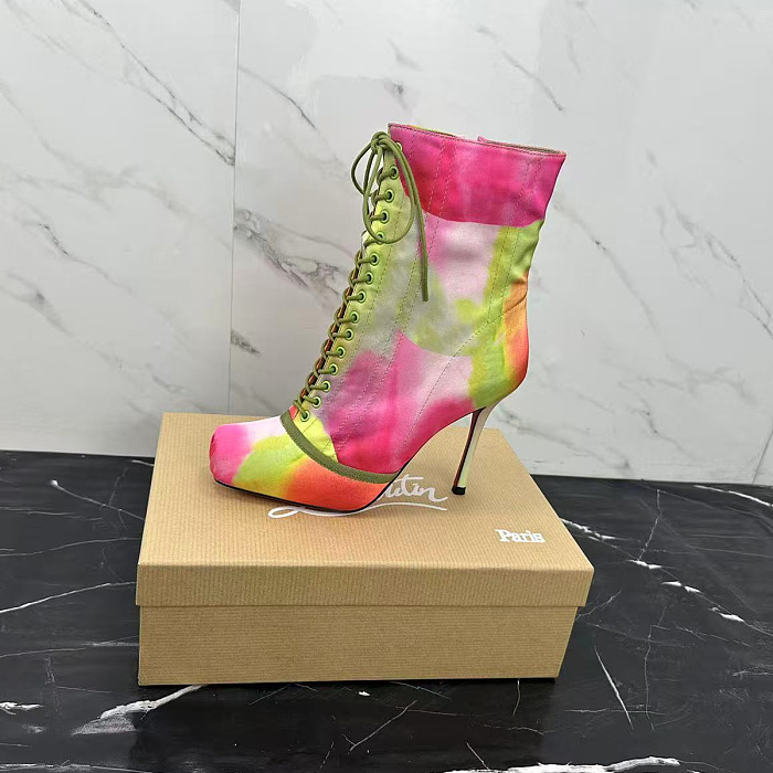Colorful Tie-Dye Lace-Up High Heel Boots With Pointed Square Toe