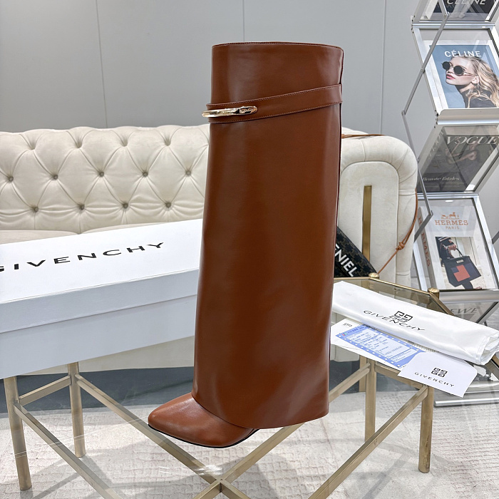 Brown Leather Knee High Boots With Metal Buckle