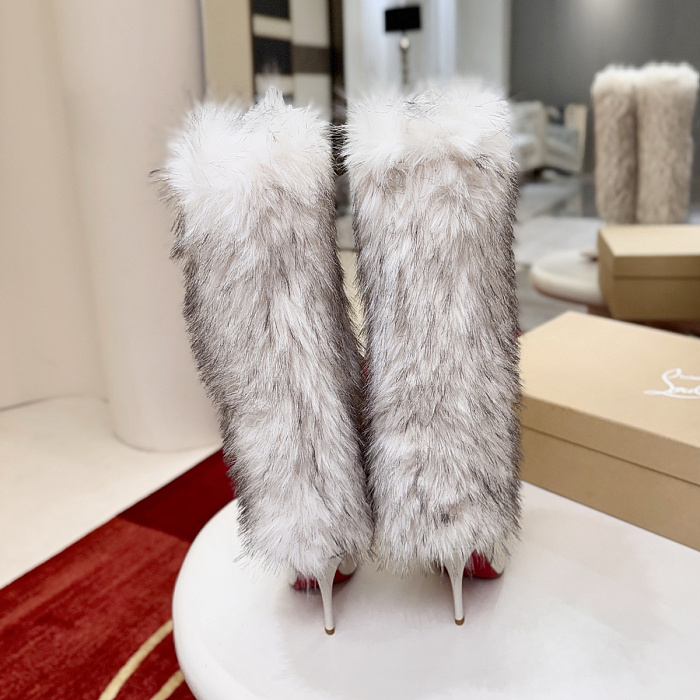 White Pointed Toe High Heel Faux Fur Trim Knee High Boots