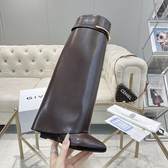 Dark Brown Leather Knee-High Boots With Metal Ring Detail