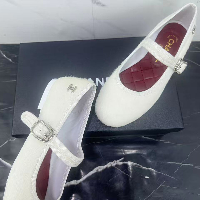 White Faux Fur Mary Jane Flats With Strap