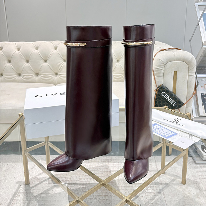 Burgundy Leather High Heel Knee High Boots With Metal Buckle
