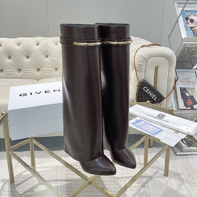 Dark Brown Leather Knee-High Boots With Metal Ring Detail