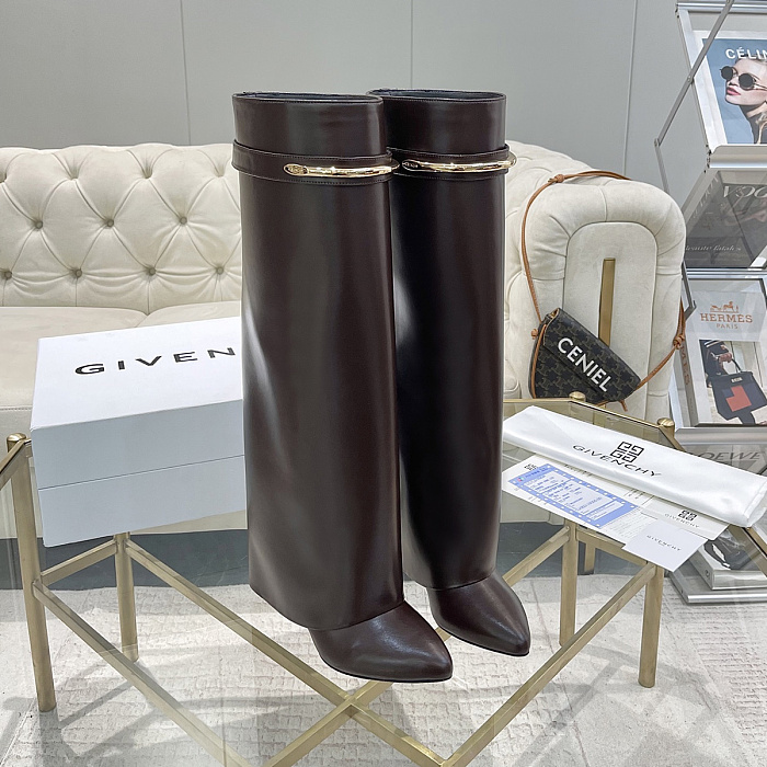 Dark Brown Leather Knee-High Boots With Metal Ring Detail
