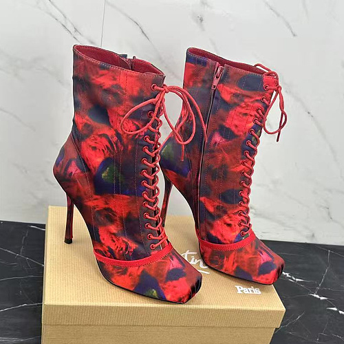 Colorblock Stiletto High Heel Lace-Up Boots