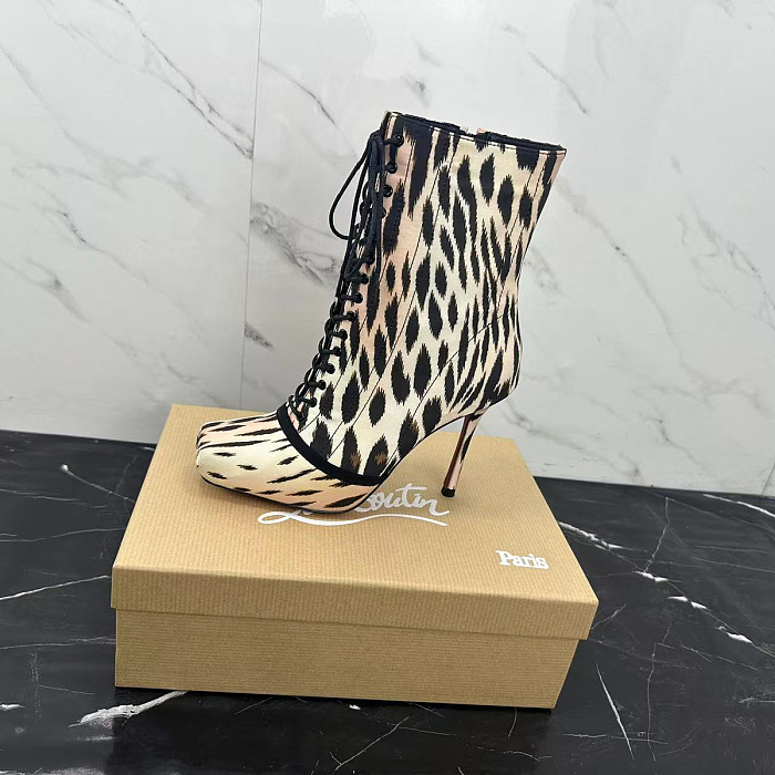 Leopard Print Lace Up High Heel Ankle Boots