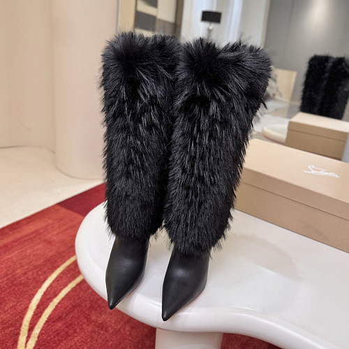 Black Pointed Toe Stiletto High Heel Fur Trim Boots