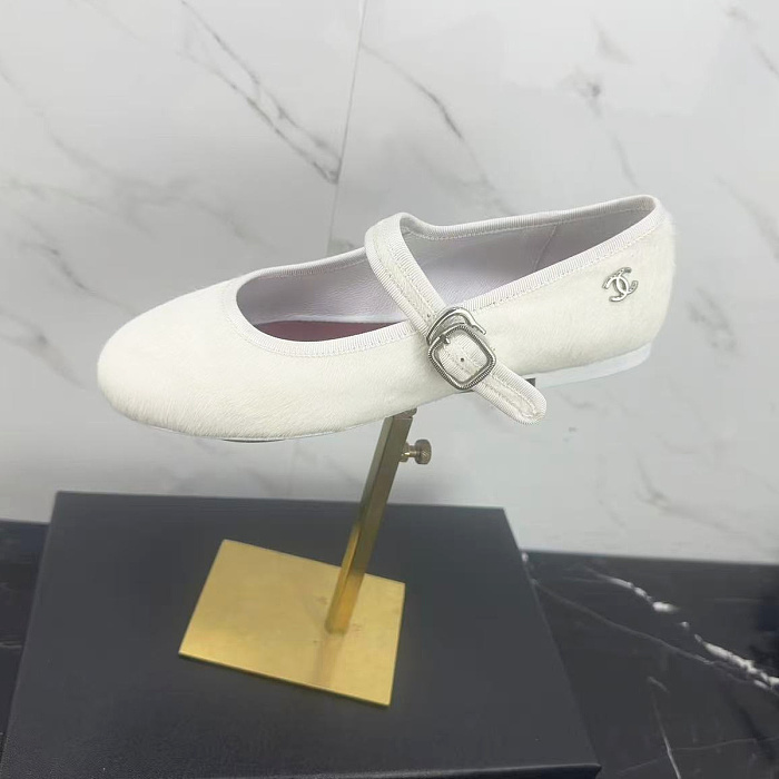 White Faux Fur Mary Jane Flats With Strap