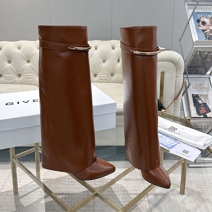 Brown Leather Knee High Boots With Metal Buckle
