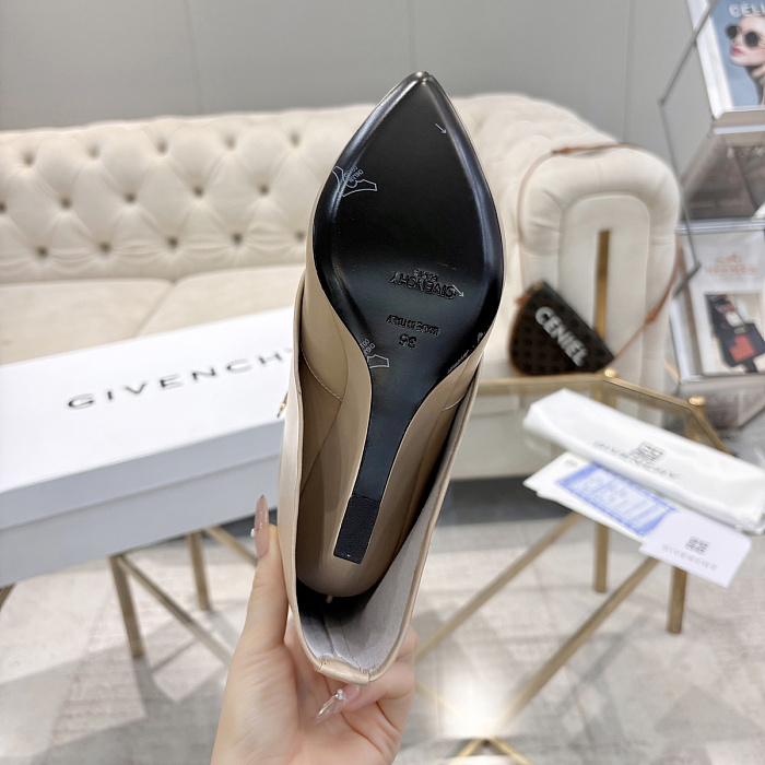 Beige Leather Pointed Toe High Heel Ankle Boots With Metal Buckle