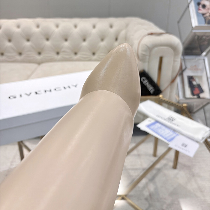 Beige Leather Pointed Toe High Heel Ankle Boots With Metal Buckle