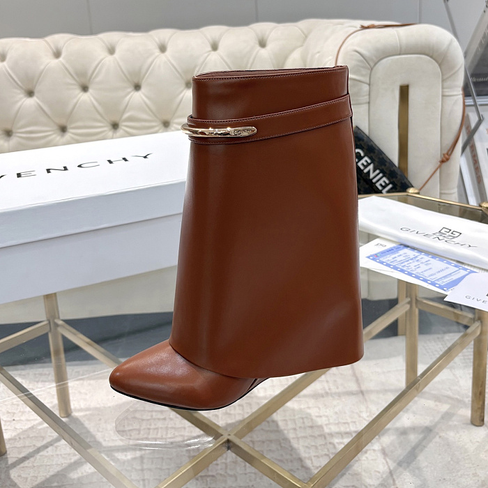 Brown Leather Metal Buckle Heeled Boots