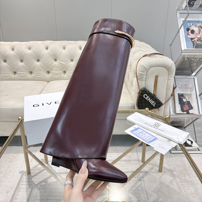 Burgundy Leather High Heel Knee High Boots With Metal Buckle
