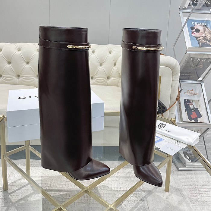 Dark Brown Leather Knee-High Boots With Metal Ring Detail
