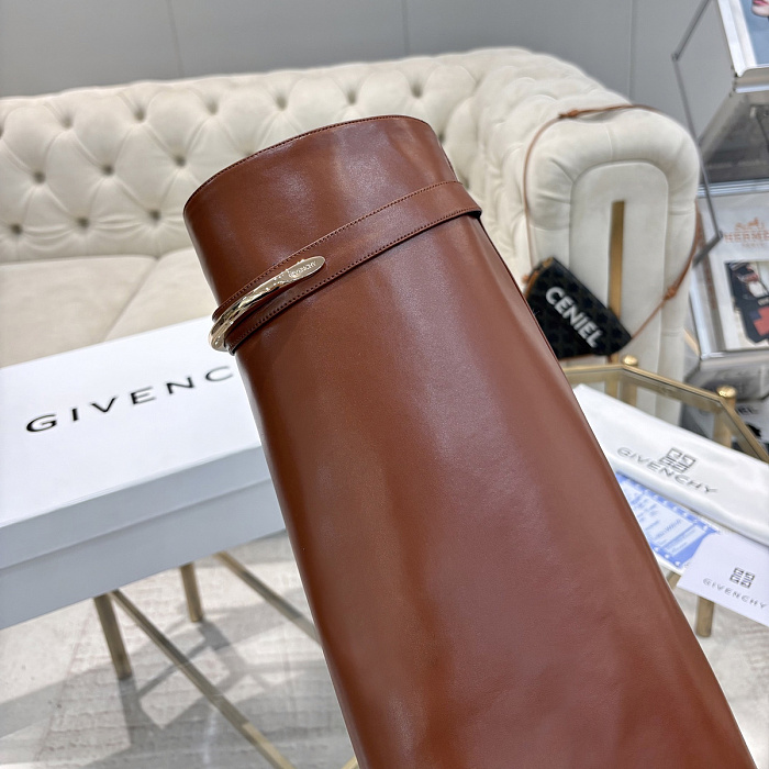 Brown Leather Knee High Boots With Metal Buckle