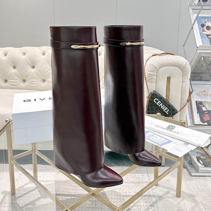 Burgundy Leather High Heel Knee High Boots With Metal Buckle