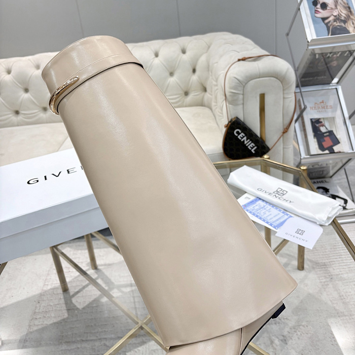 Beige Leather Pointed Toe High Heel Boots With Metal Buckle