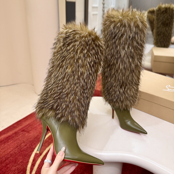 Green High Heel Furry Trim Stiletto Boots