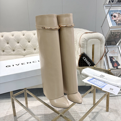 Beige Leather Pointed Toe High Heel Boots With Metal Buckle