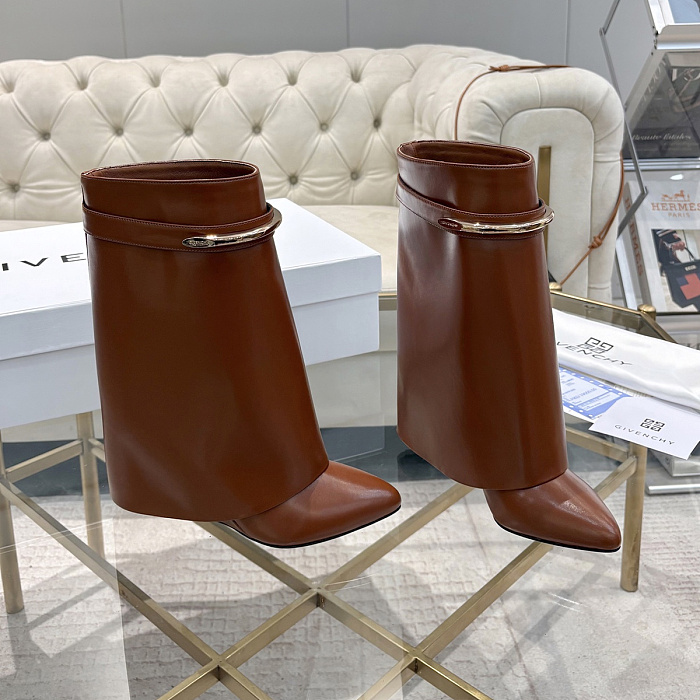 Brown Leather Metal Buckle Heeled Boots
