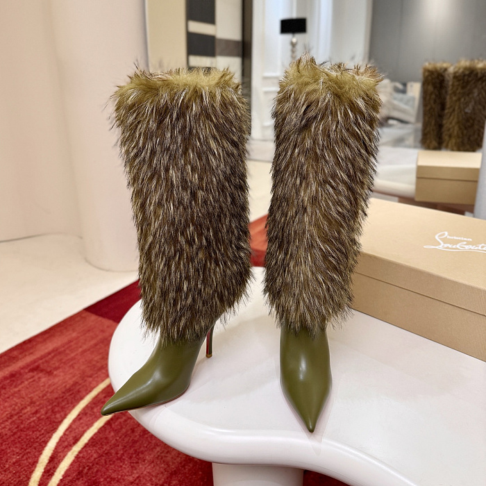 Green High Heel Furry Trim Stiletto Boots
