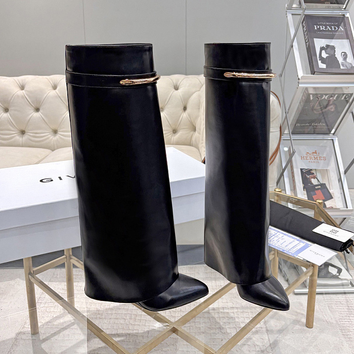 Pointed Toe High Heel Leather Boots With Metal Buckle