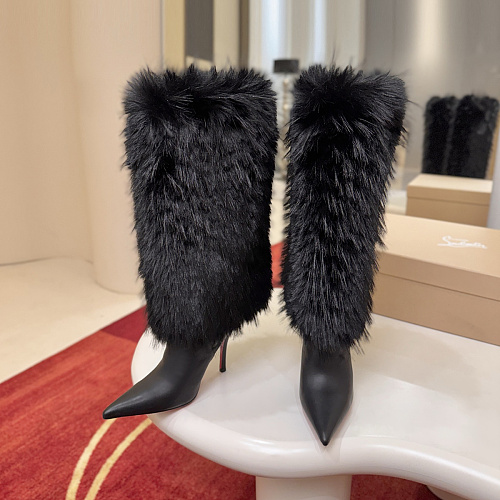 Black Pointed Toe Stiletto High Heel Fur Trim Boots