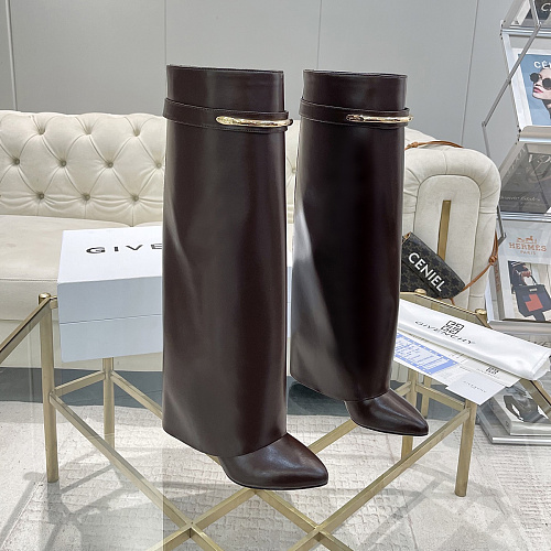 Dark Brown Leather Knee-High Boots With Metal Ring Detail