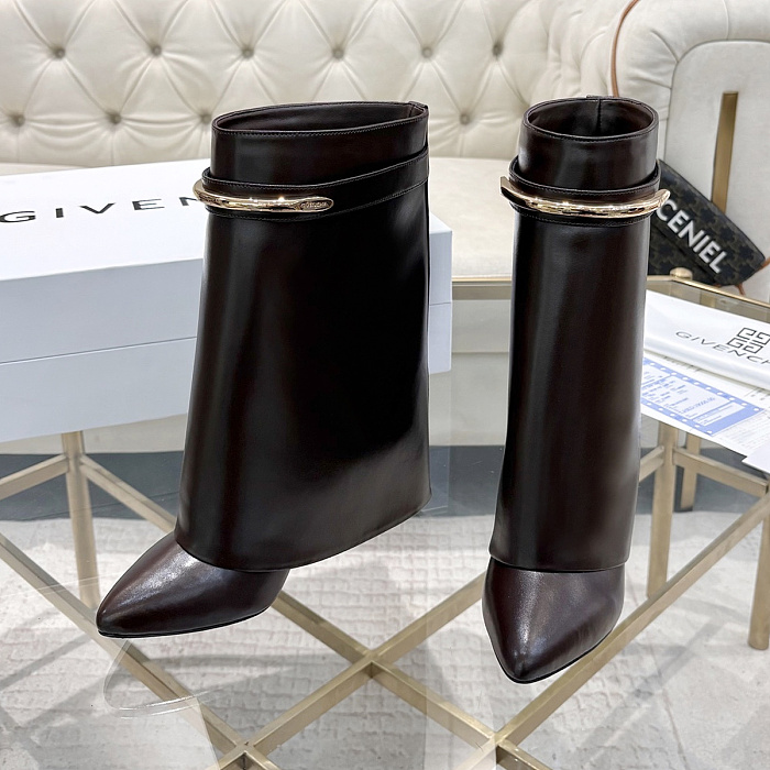 Metal Buckle Pointed Toe High Heel Leather Boots