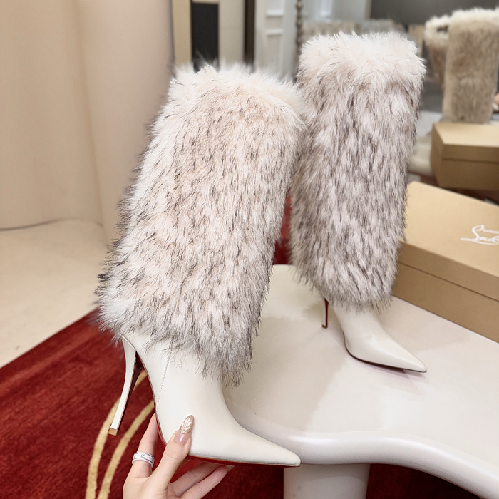 White Pointed Toe High Heel Faux Fur Trim Knee High Boots