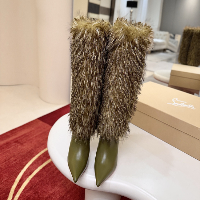 Green High Heel Furry Trim Stiletto Boots