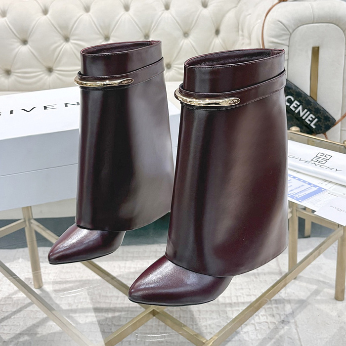 Burgundy Leather Pointed Toe High Heel Boots With Metal Buckle