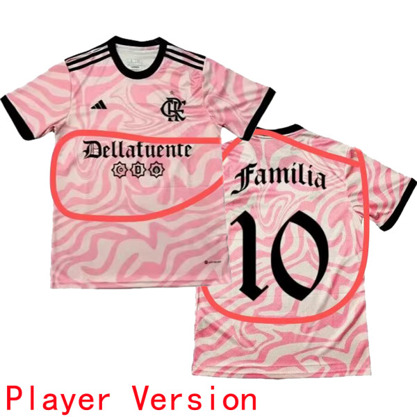 Familia #10 Flamengo Pink Player Version Soccer Jersey 2023 带胸前广告 球员版