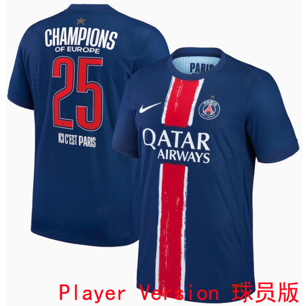 CHAMPIONS OF EUROPE 25 ICIC'EST PARIS PSG  Home Blue Player Version Soccer Jersey 2024/25白色底队微 带星塔球员版★★