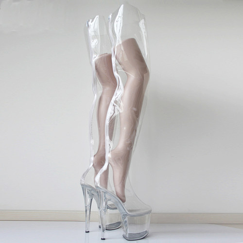 French Pleaser Seduce Crossdresser Clear Sissy Maid Thigh High Boots 20CM