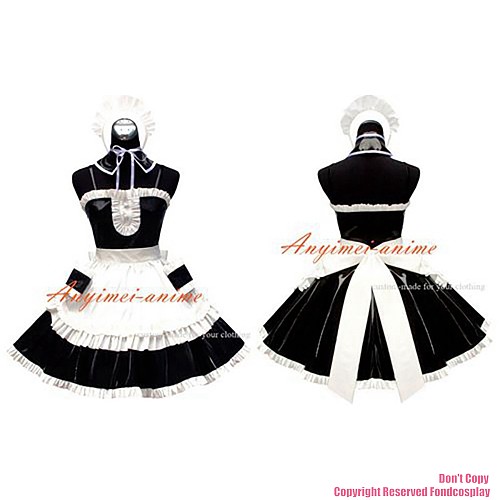 fondcosplay adult sexy cross dressing sissy maid He Is My Master black heavy Pvc Dress Uniform white apron Custom-made[G498]