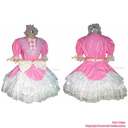 fondcosplay adult sexy cross dressing sissy maid short thin Pvc Dress Pink Lockable white lace Uniform Costume CD/TV[G356]