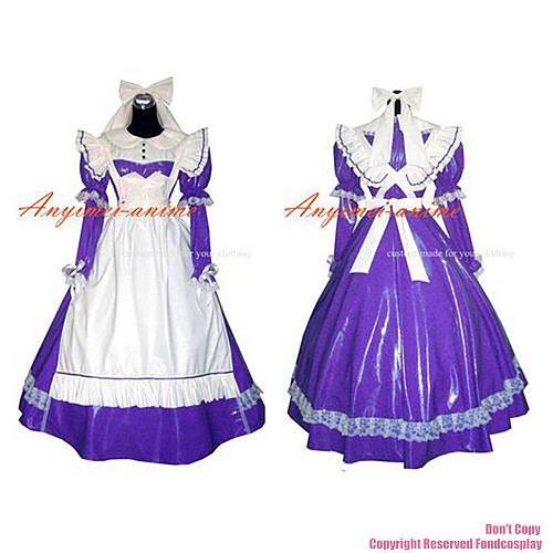 fondcosplay sexy cross dressing sissy maid long purple thin PVC dress lockable Uniform white apron costume CD/TV[G263]