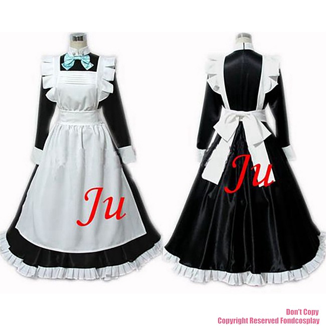fondcosplay adult sexy cross dressing sissy maid long black satin Lockable Dress Uniform white apron Costume CD/TV[CK631]