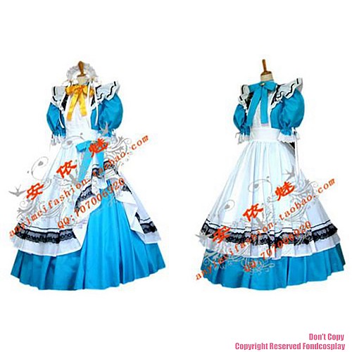 fondcosplay adult sexy cross dressing sissy maid long blue cotton Dress Lockable Uniform white arpon Costume CD/TV[CK853]
