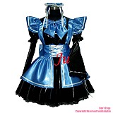fondcosplay adult sexy cross dressing sissy maid short black thin Pvc Lockable Dress Uniform blue apron CD/TV[CK851]