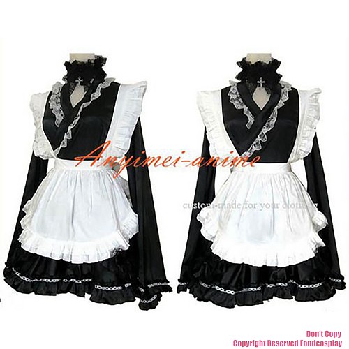 fondcosplay adult sexy cross dressing sissy maid short black satin Dress Uniform white apron Costume CD/TV[CK1151]