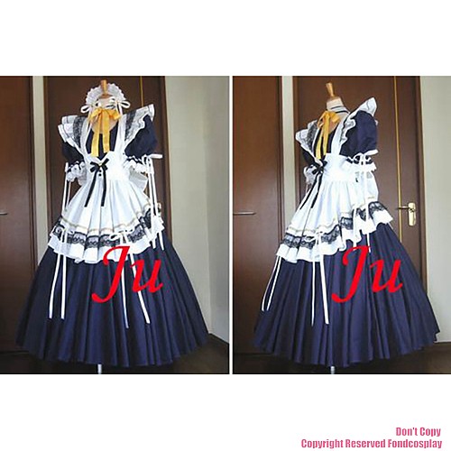 fondcosplay adult sexy cross dressing sissy maid long Navy cotton Dress Lockable white apron Uniform Costume CD/TV[CK852]